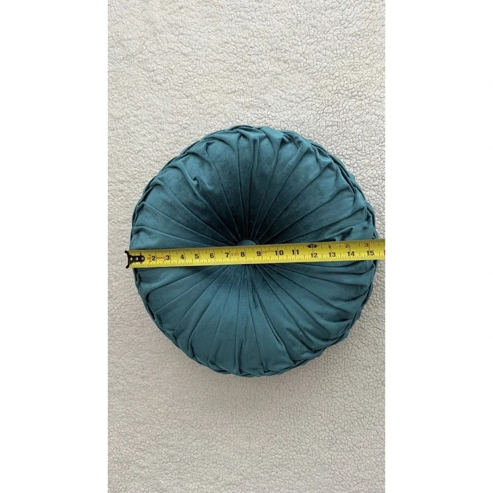 Round Velvet Throw Pillow Pumpkin Teal Blue Green Tufted Pleated Cushion Decor